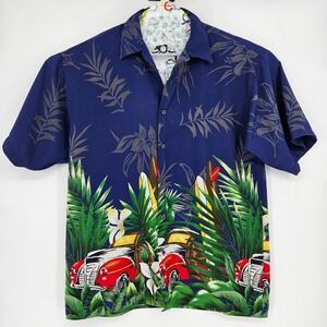 Vintage‎ Koman Shirt Mens XL Hawaiian Sport Button Up Palm Tree Cars AOP
